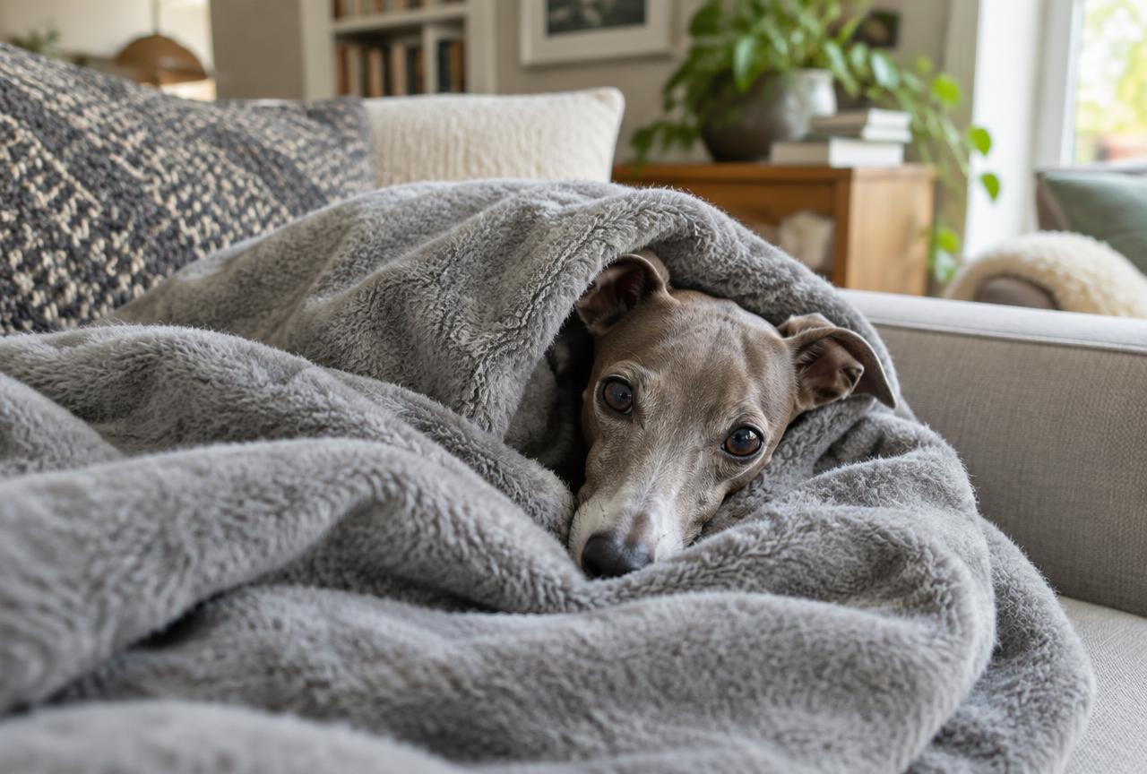 An Italian Greyhound curled up under a blanket on a sofa