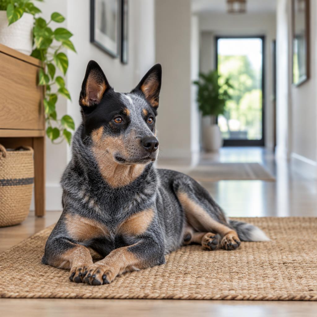 An Australian Cattle Dog resting on a mat in a bright hallway