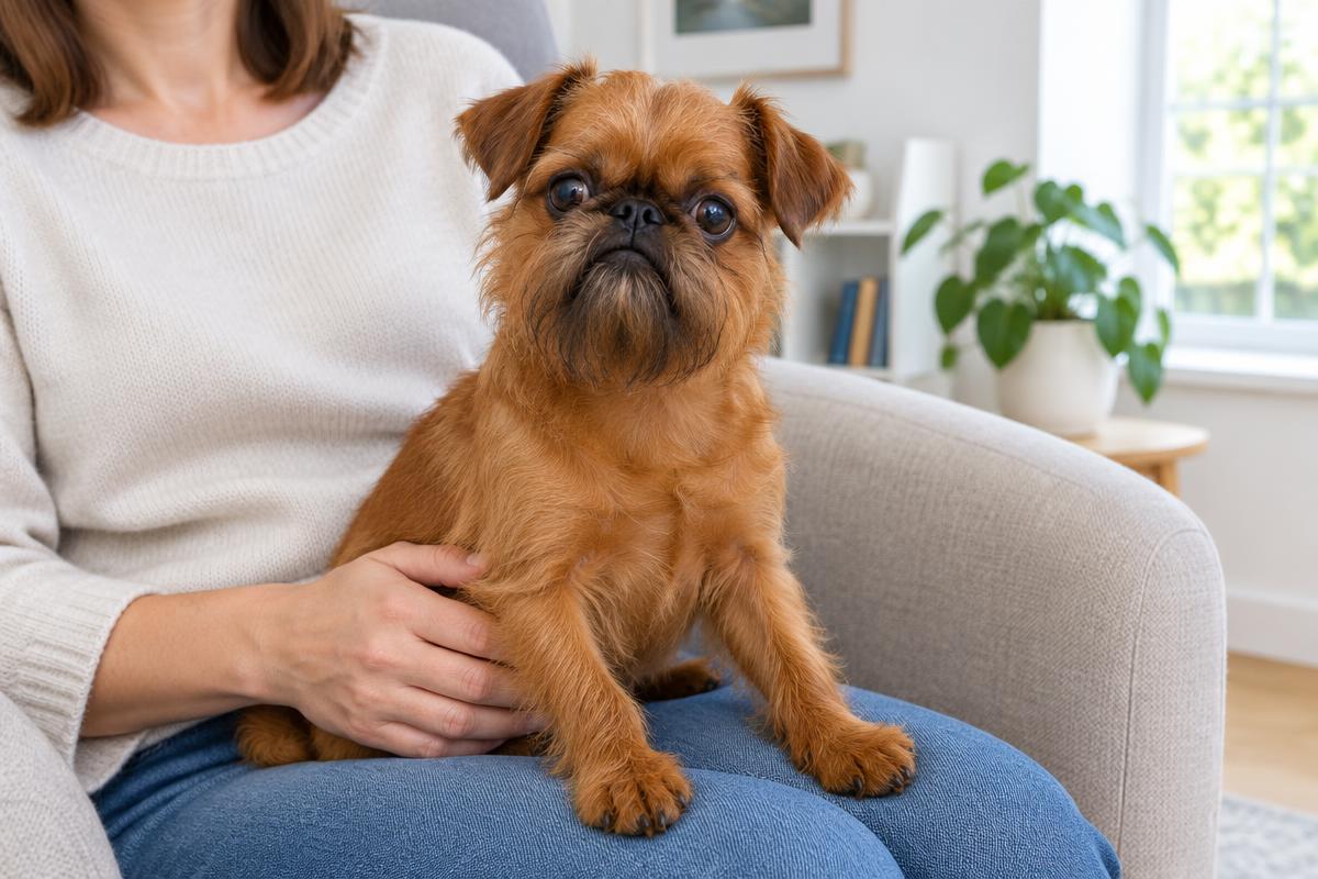 A red Brussels Griffon sitting on its owner's lap in an armchair