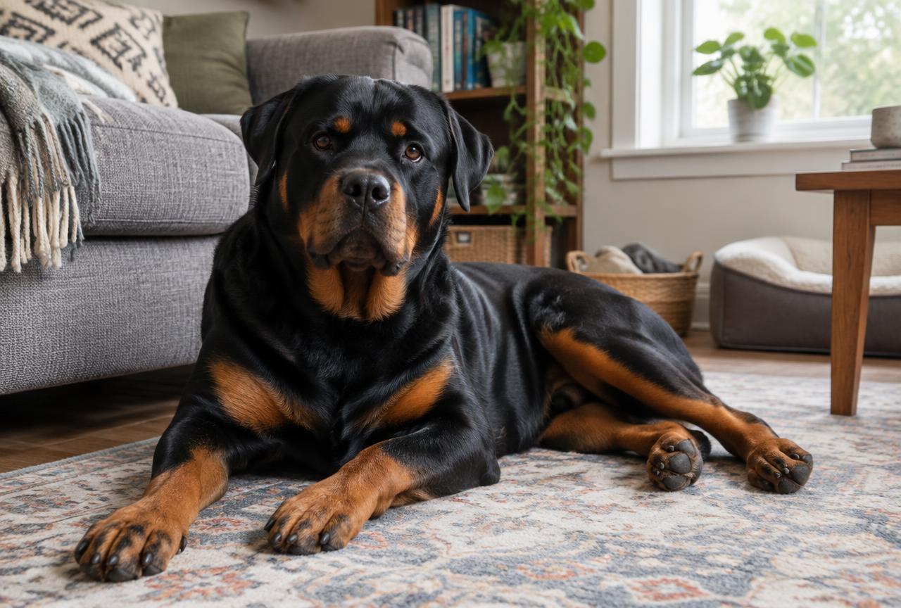 A Rottweiler lying calmly on a rug indoors