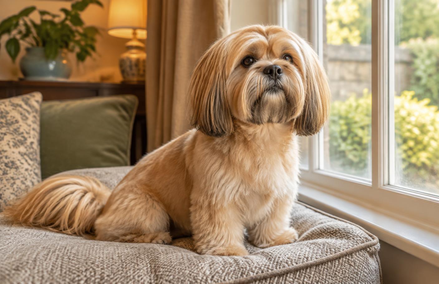 A Lhasa Apso sitting on a cushion by a window