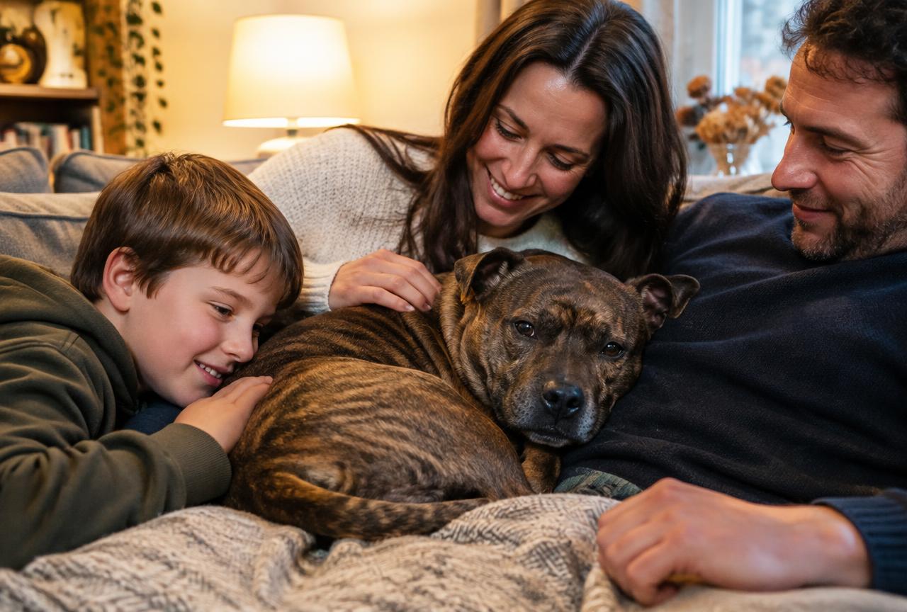 A Staffordshire Bull Terrier resting against its owner on a sofa