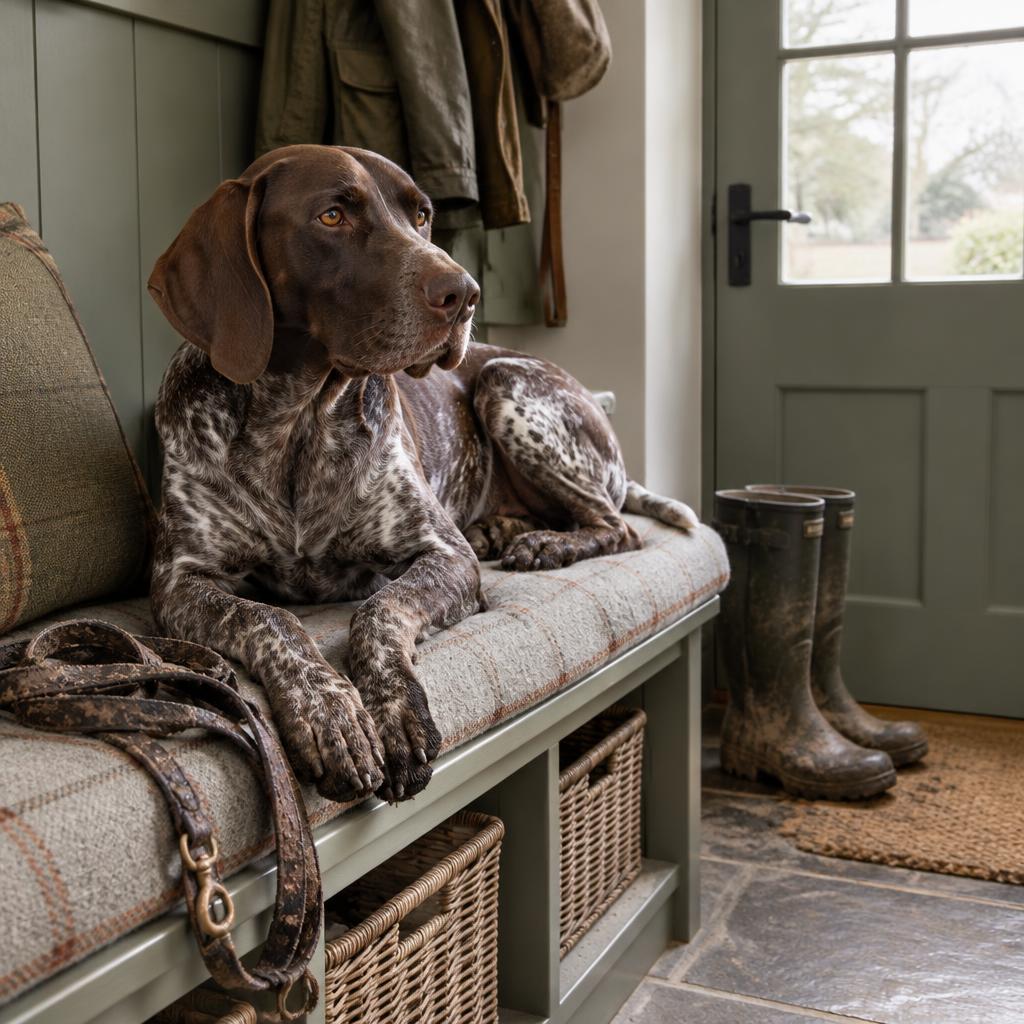 A German Shorthaired Pointer resting on a bench by a boot room door