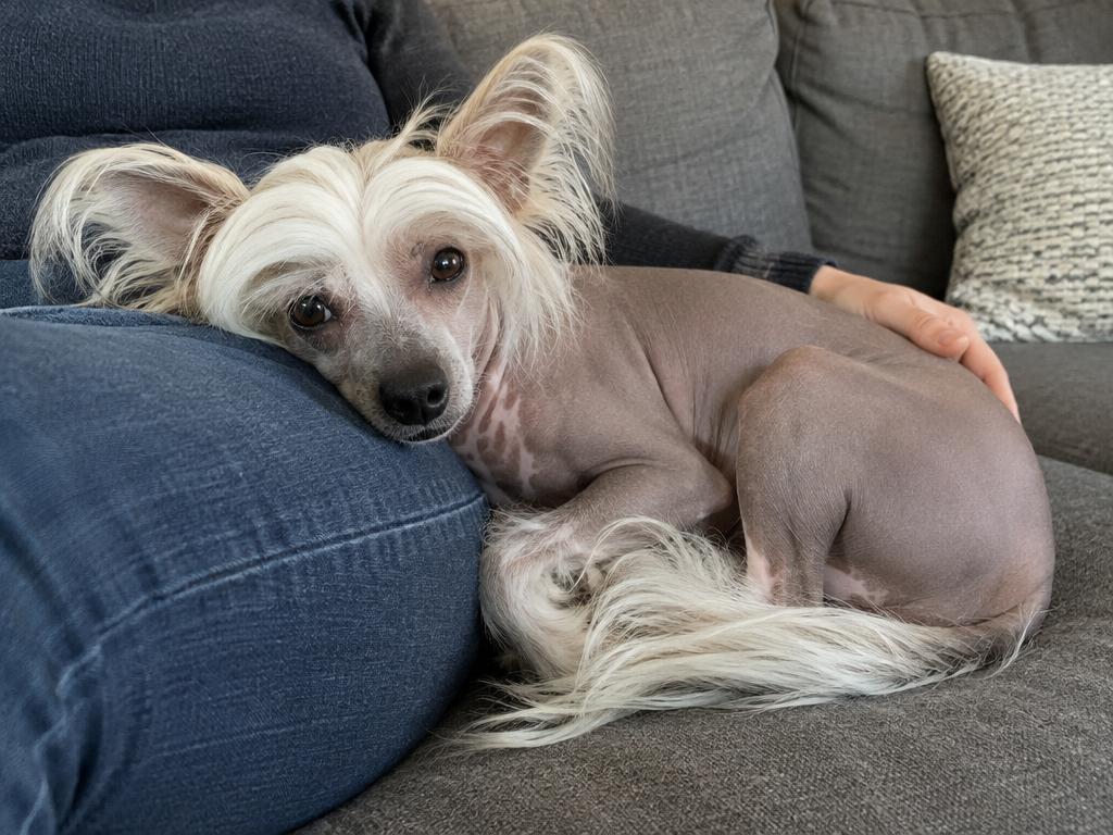 A hairless Chinese Crested snuggled on a person's lap on a sofa