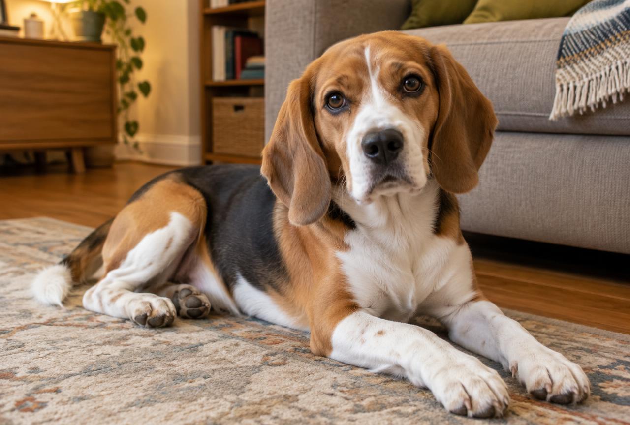 A Beagle relaxing on a living room floor