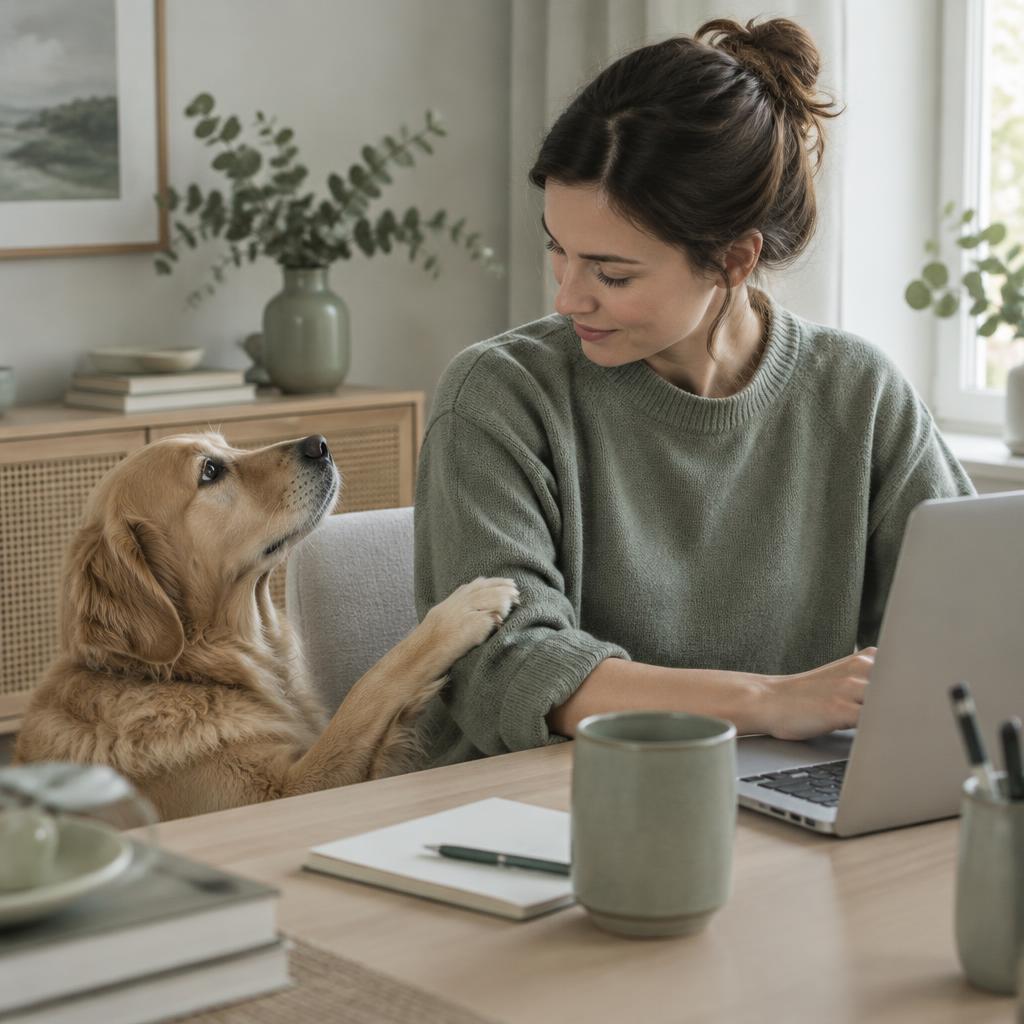 A dog pawing gently at its owner's arm while she works