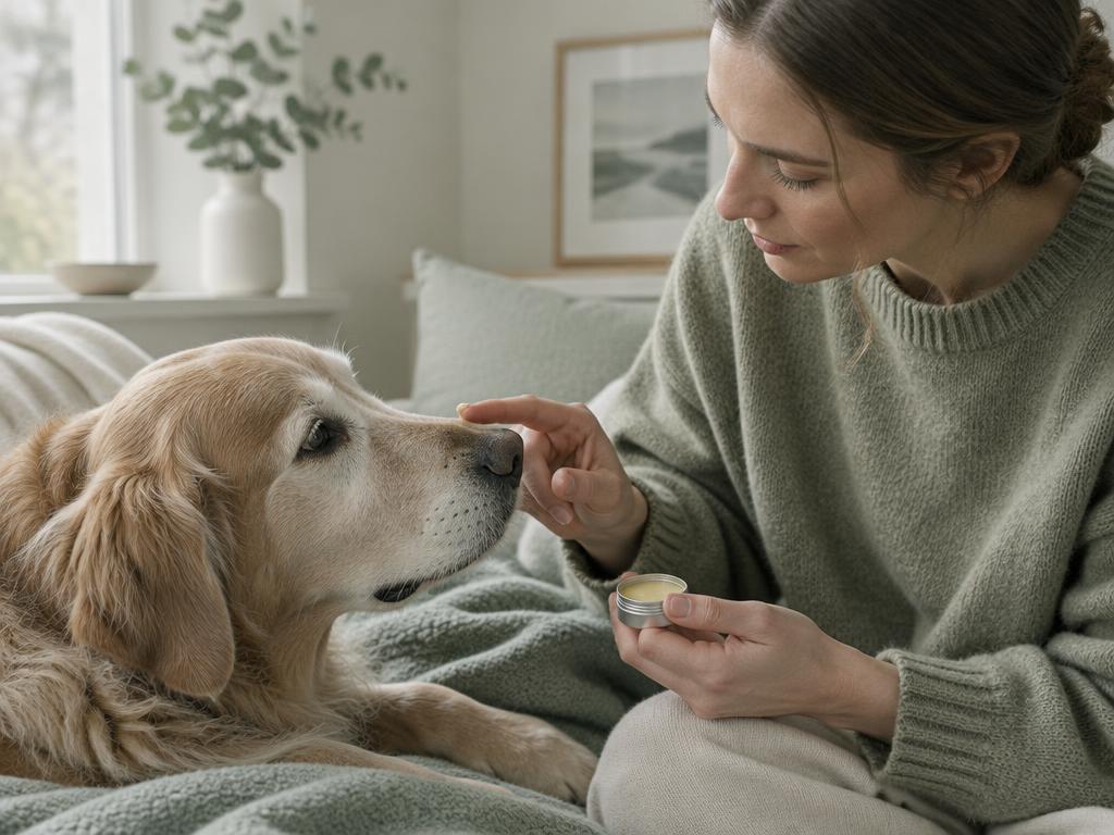 Owner applying balm to a patient dog's nose