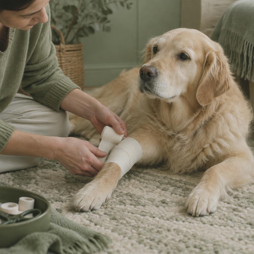 A person gently bandaging a calm dog's lower leg