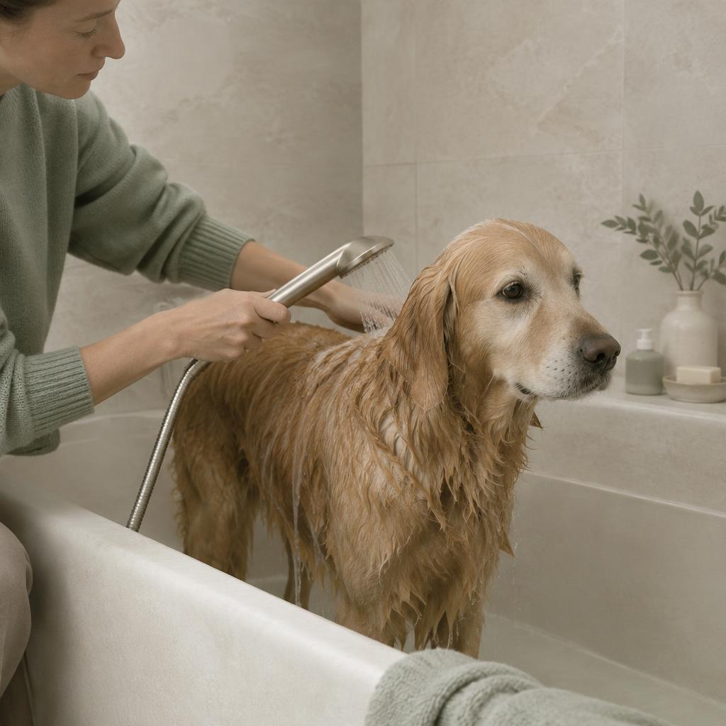 A dog being rinsed gently in a bath
