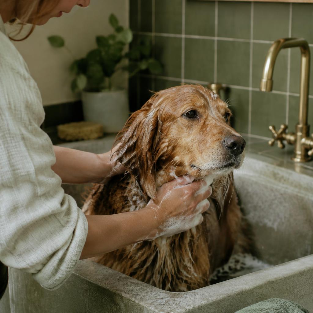 A wet dog being bathed in a utility room sink