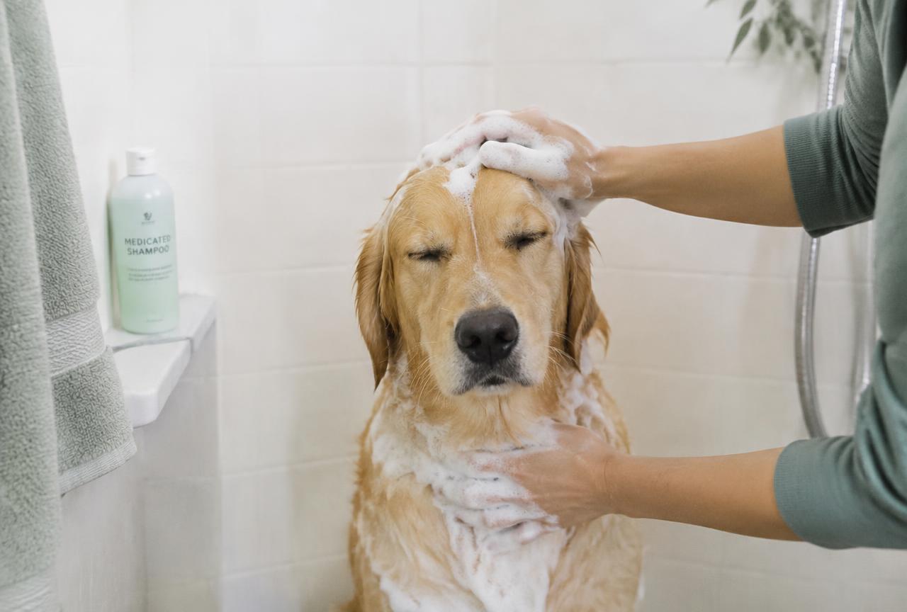 A golden retriever with eyes closed being lathered with medicated shampoo in a pale tiled shower
