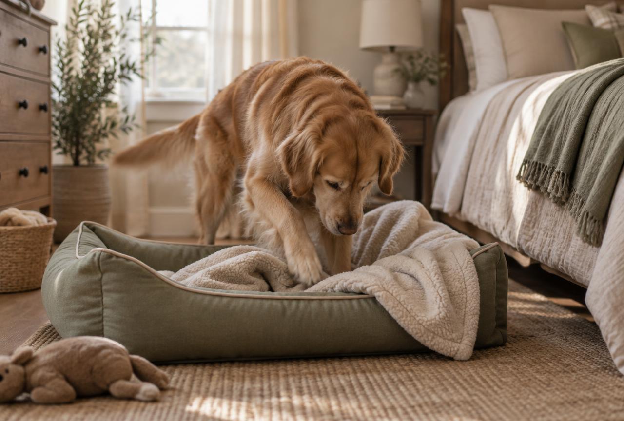 A dog pawing and scratching at its sage green dog bed before lying down, the blanket half-scuffed