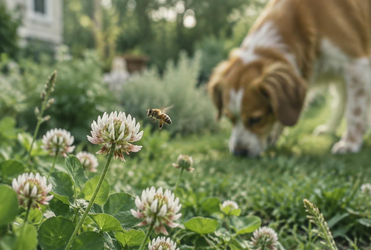 A bee near clover flowers with a dog sniffing in the background