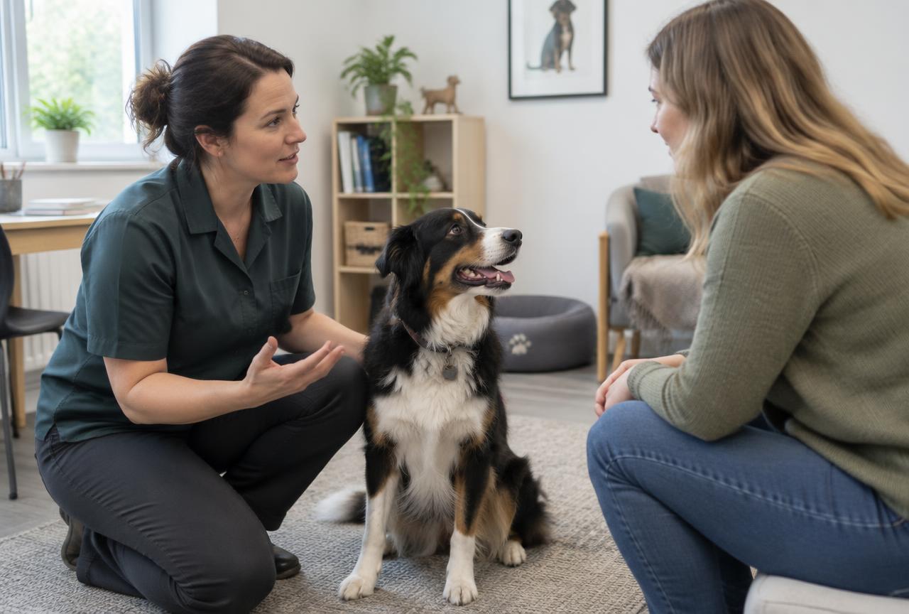 A behaviourist kneeling and talking with an owner while a tricolour dog sits between them