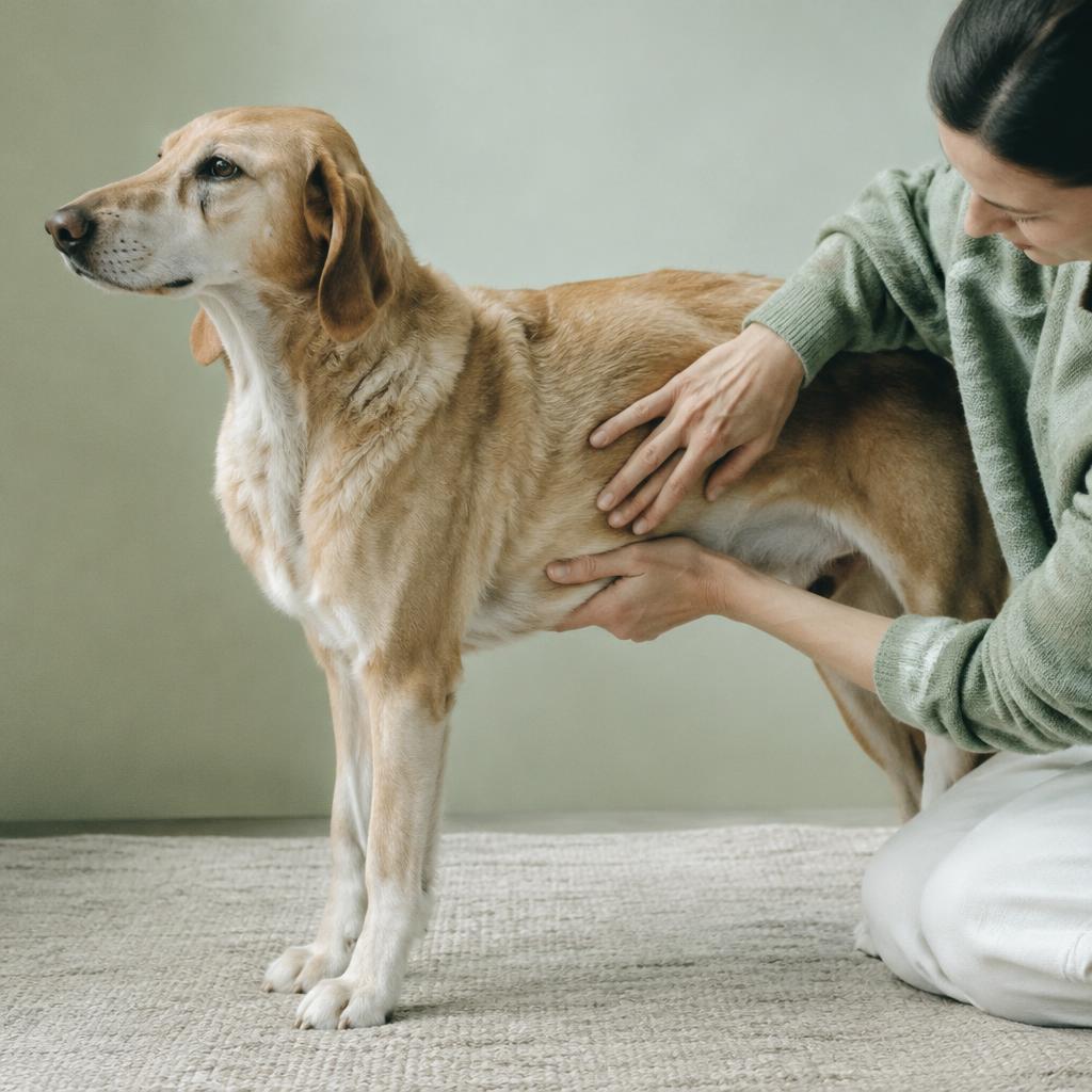 A dog standing with a visibly swollen, tight belly while its owner checks it gently
