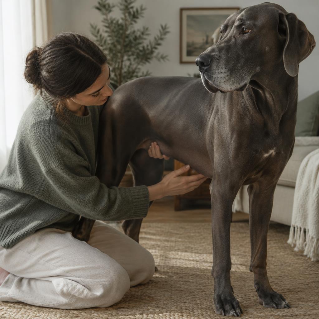 A person gently checking a large dog's belly