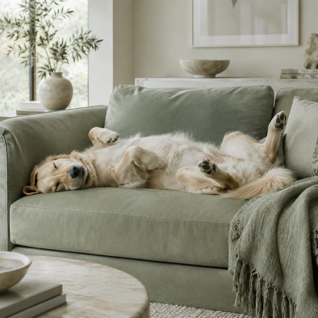 A dog sleeping belly-up on a sage green sofa
