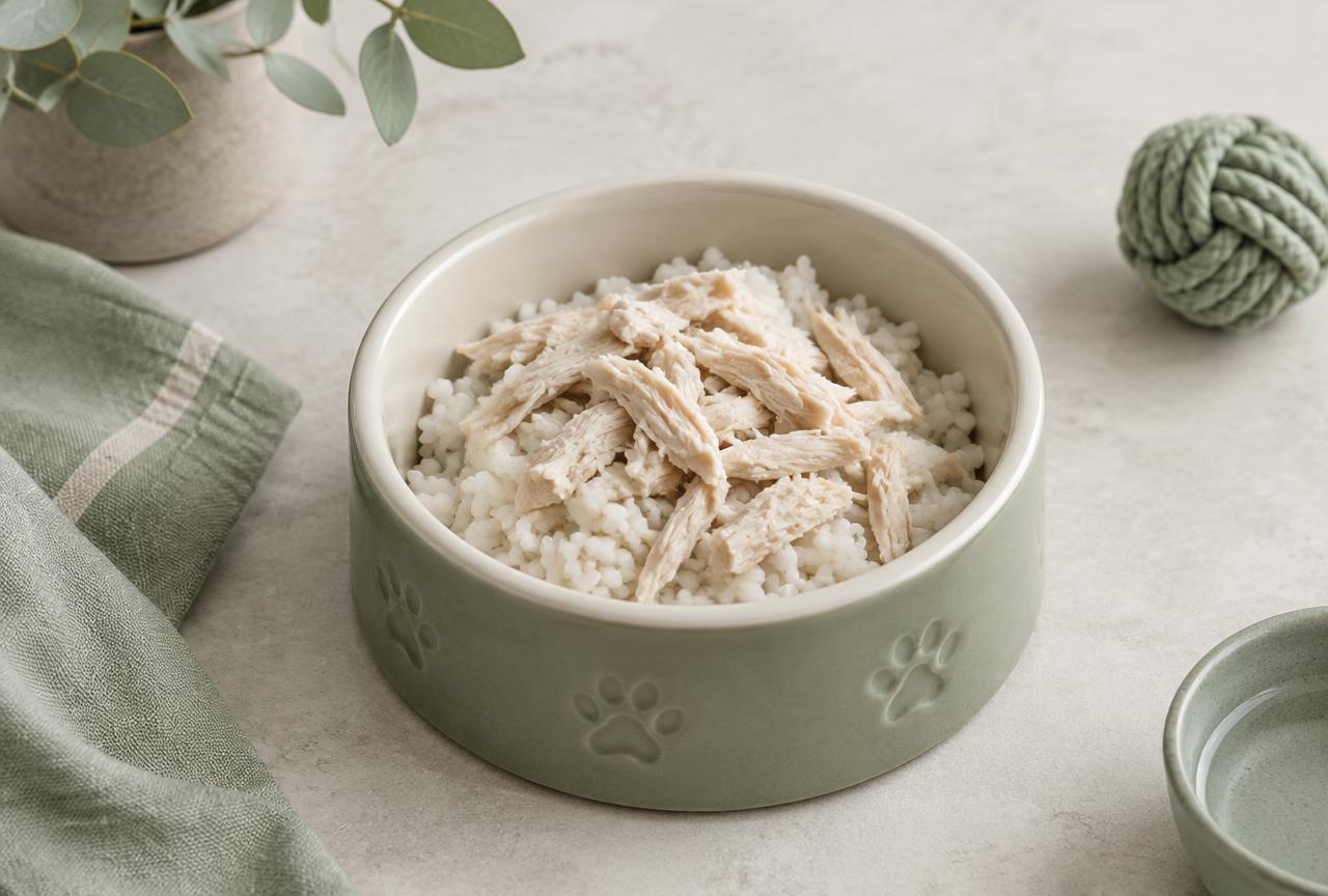 A dog bowl with white rice and shredded boiled chicken