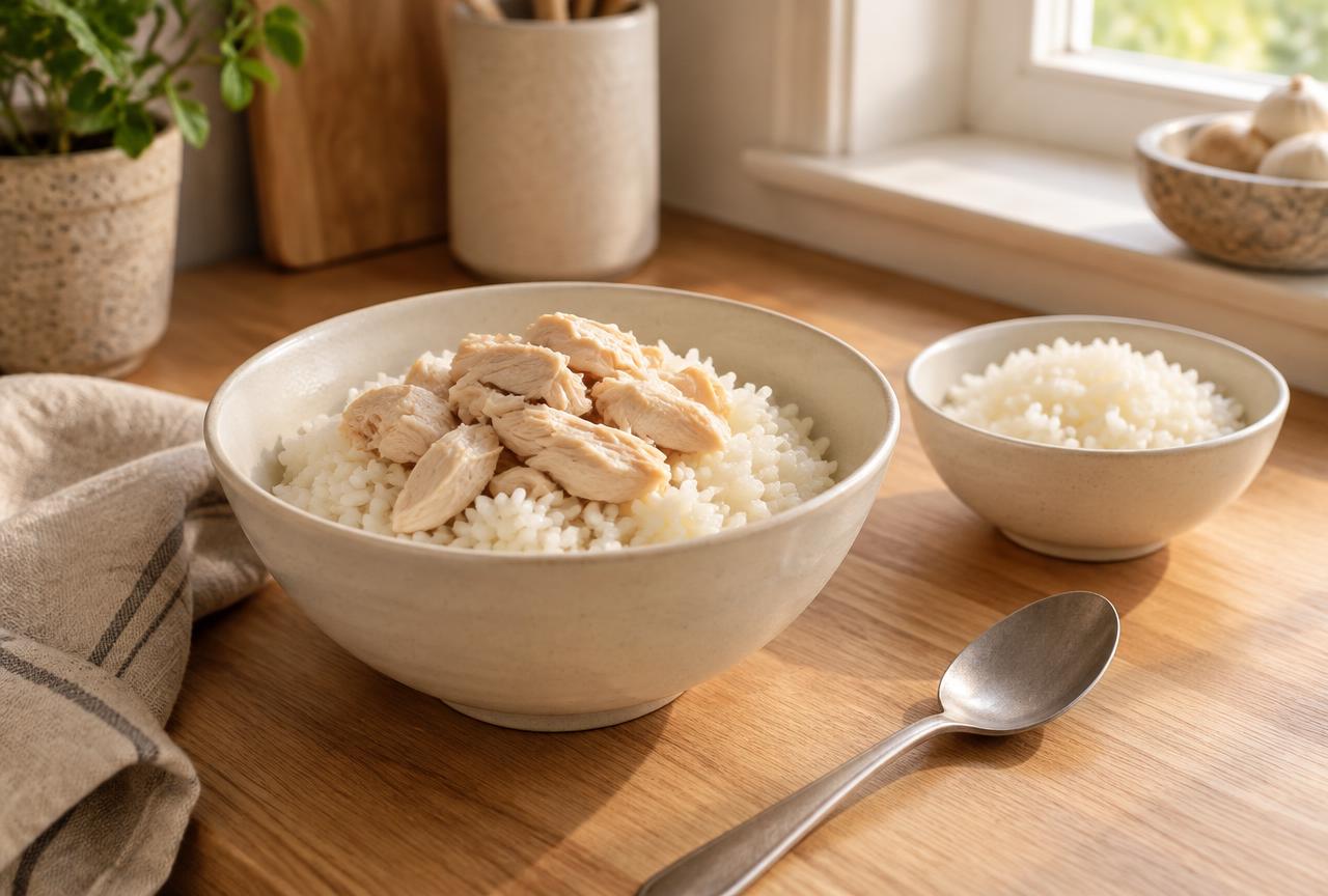 A bowl of cooked white rice topped with pieces of plain boiled chicken on a wooden counter