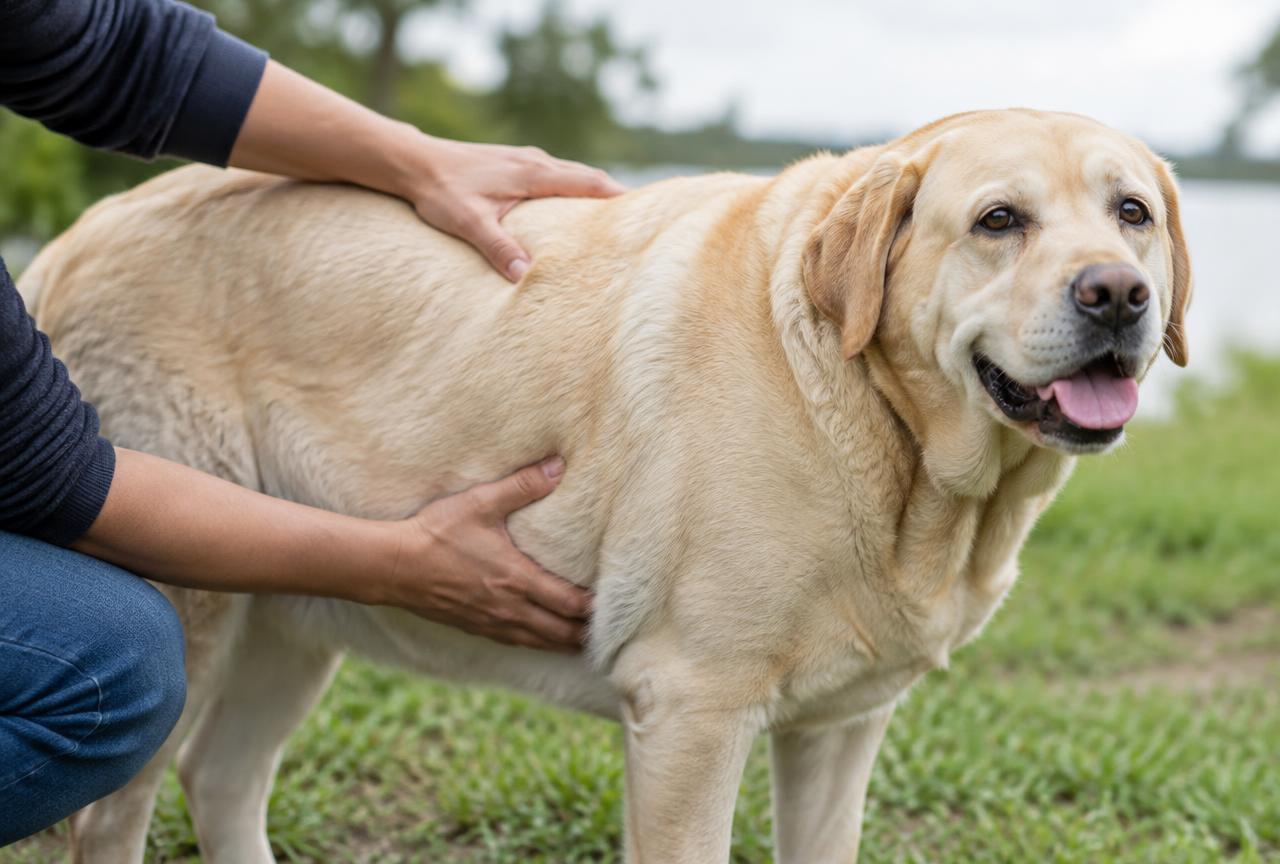Hands gently checking the ribs and body condition of a yellow Labrador outdoors