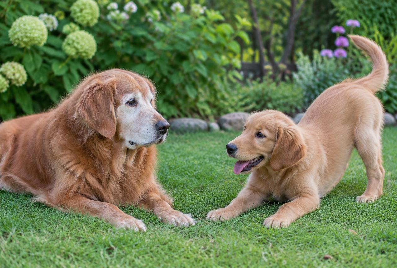 An older golden retriever lying calmly on grass while a young golden dog play bows in front of it