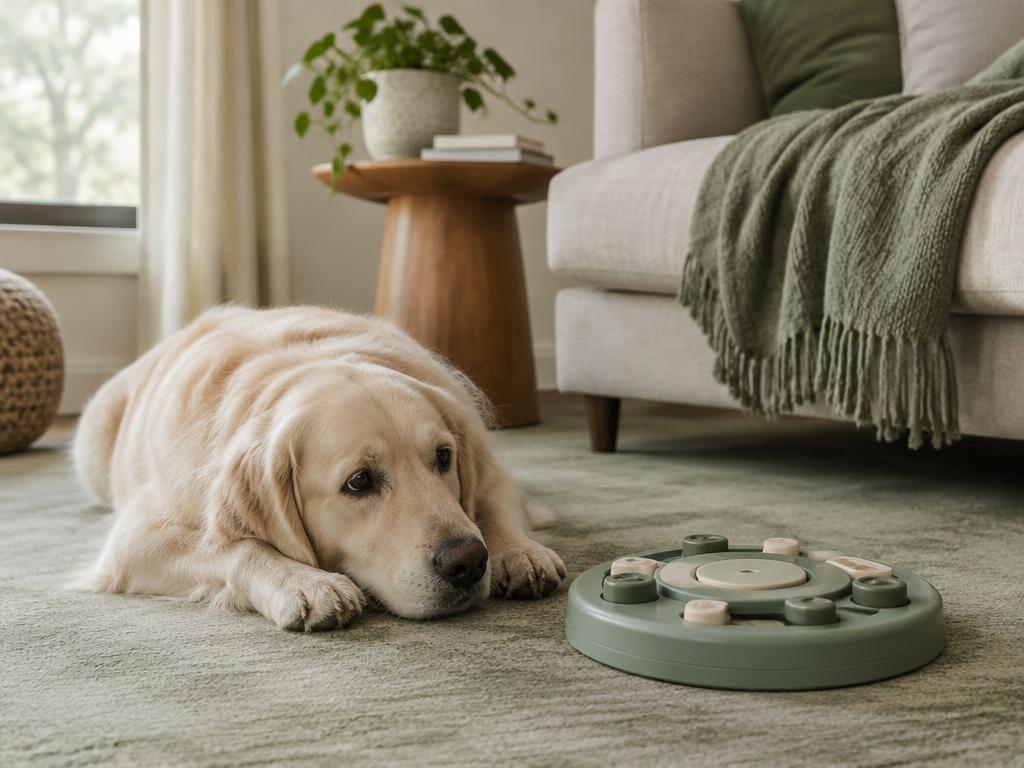 A dog lying beside an untouched puzzle feeder in a quiet living room