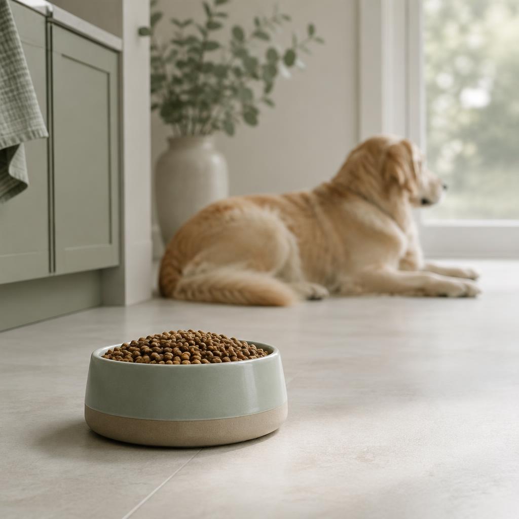 A full dog food bowl untouched with a dog lying in the background