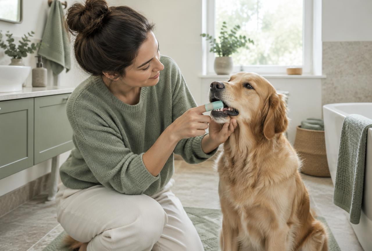 An owner brushing a dog's teeth with a finger toothbrush in a bright bathroom
