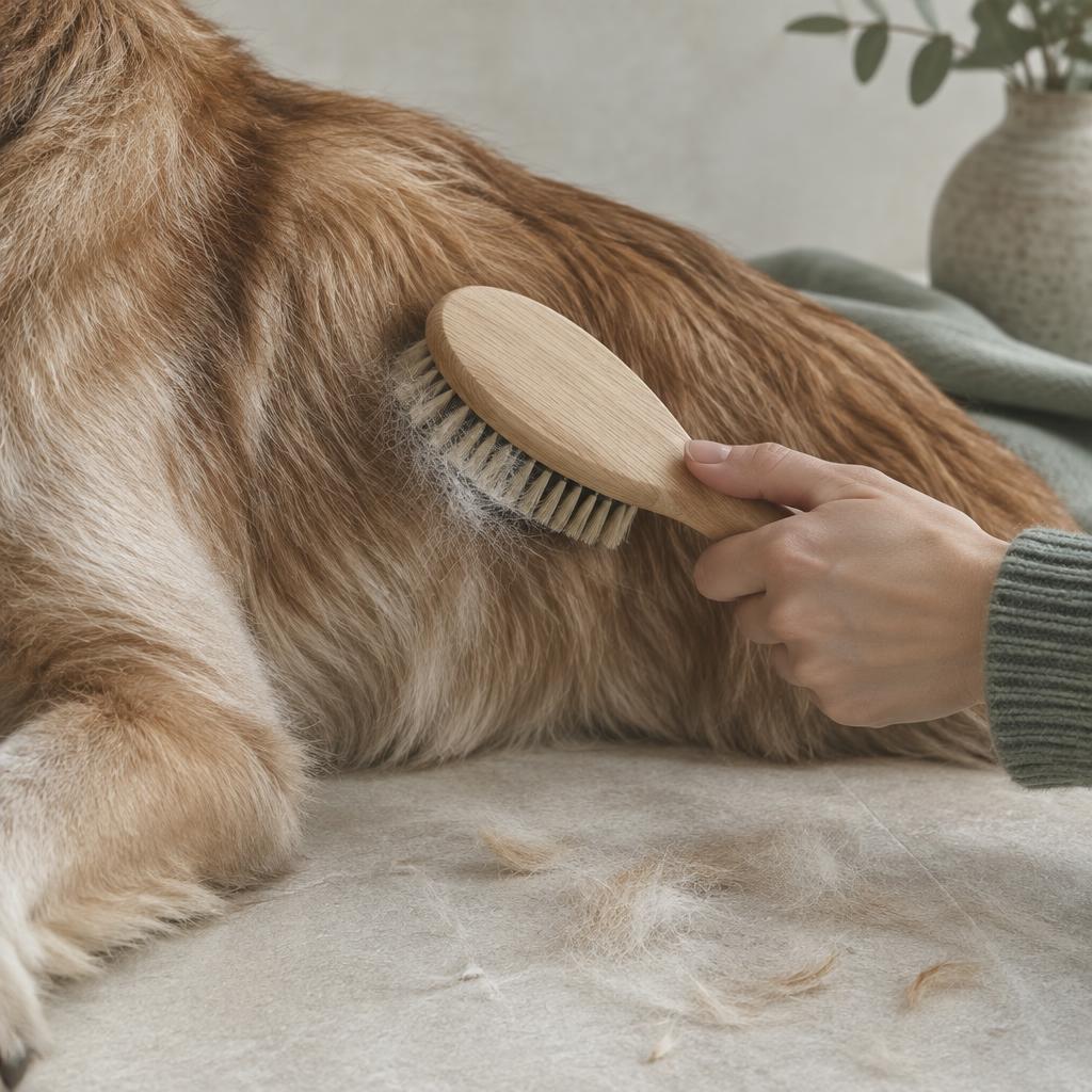 A dog's coat being brushed with a wooden bristle brush