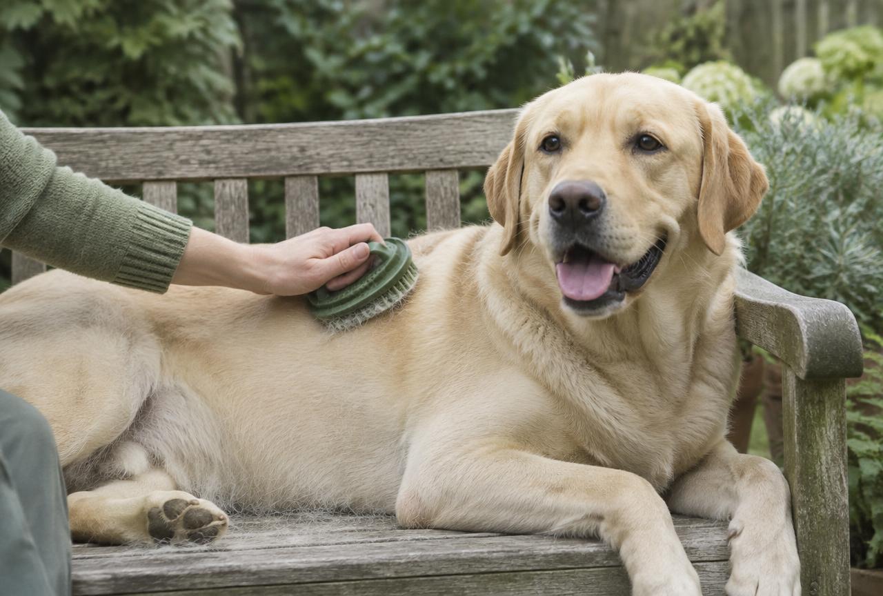 A Labrador being brushed with a rubber curry brush on a garden bench