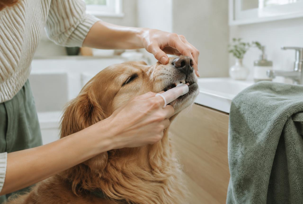 A person brushing a calm dog''s teeth with a finger brush