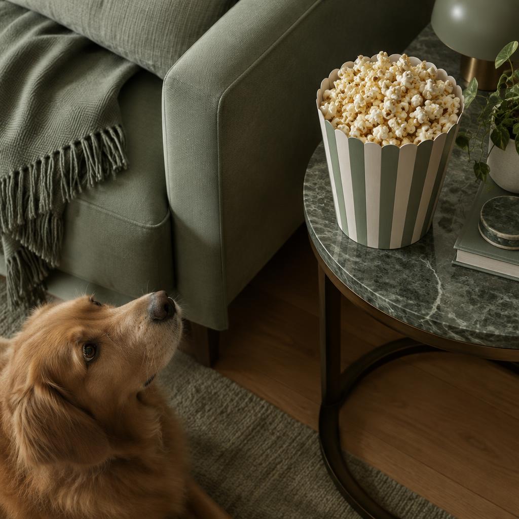 A tub of buttered popcorn on a side table with a dog looking up at it from the floor