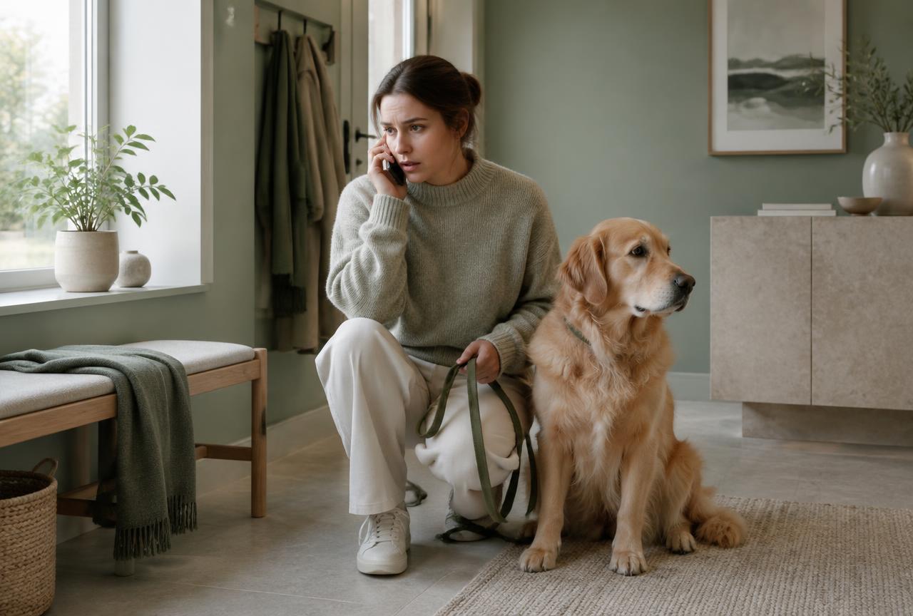 A person on the phone holding their dog's lead