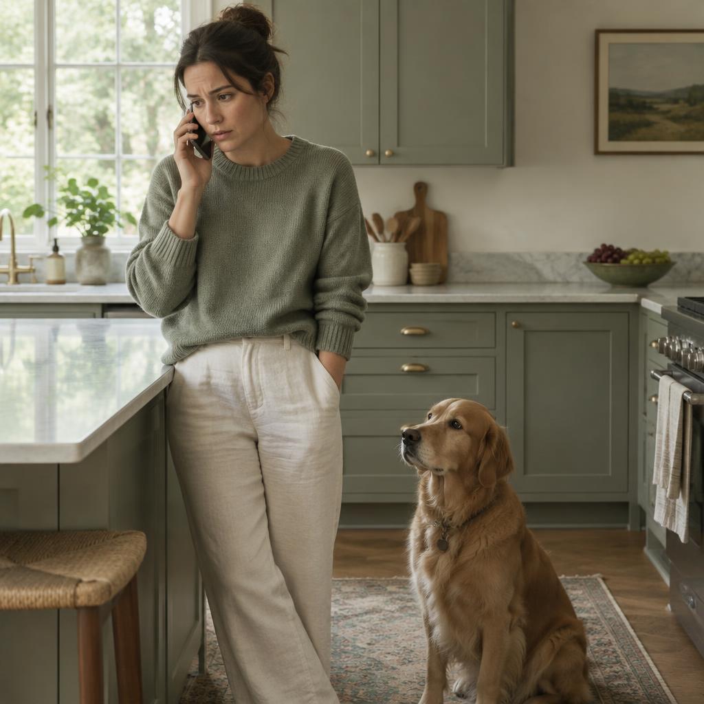 A person on the phone in a kitchen looking concerned while a dog sits nearby