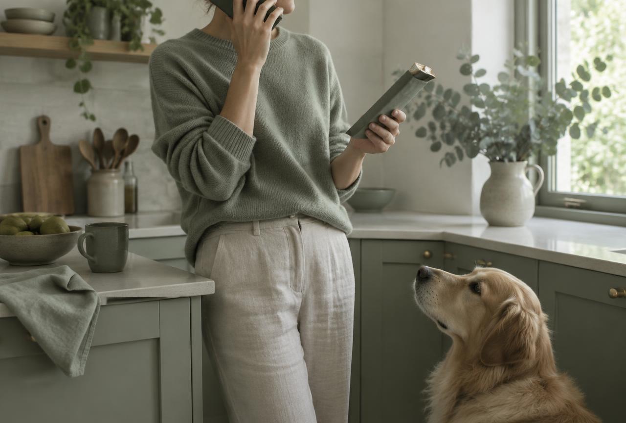 A person calmly on the phone holding a chocolate wrapper while a dog sits beside them