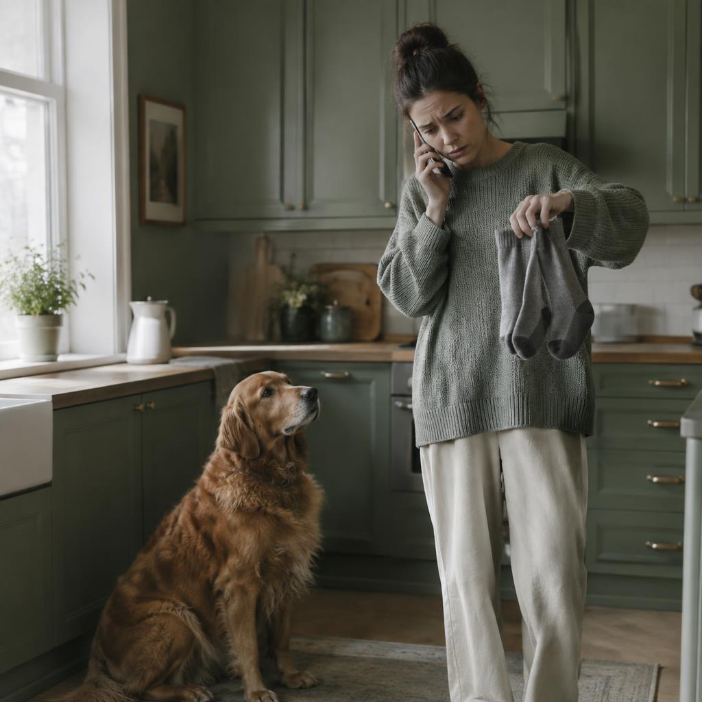 An owner phoning the vet while holding socks, with her dog nearby