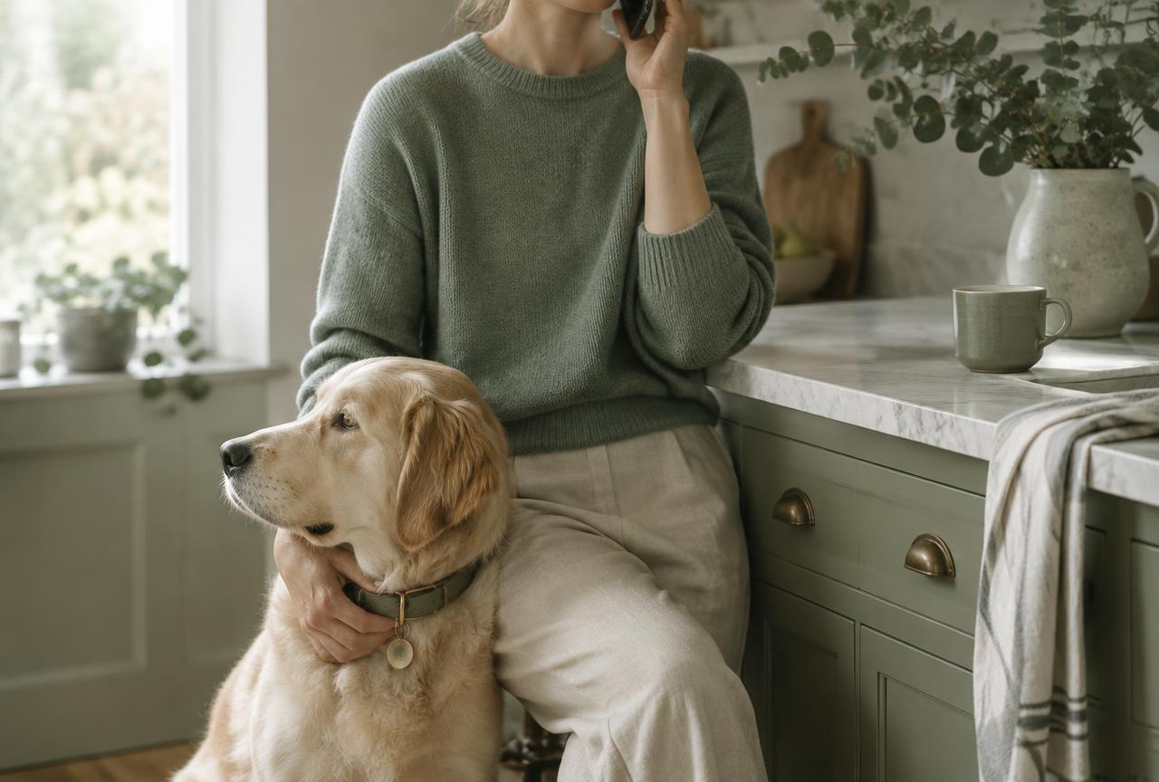 A person on the phone while gently holding a calm golden retriever's collar in a kitchen