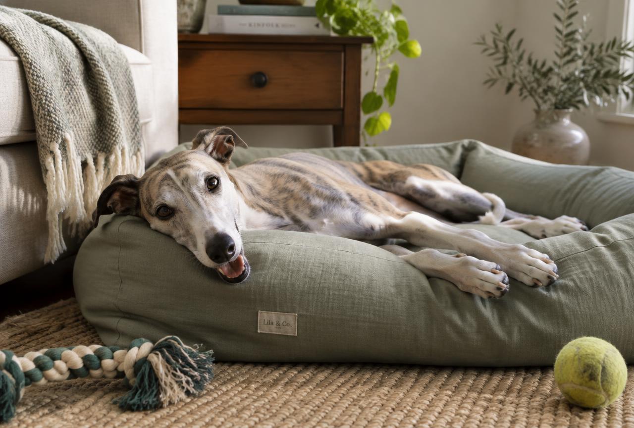 A brindle and white whippet stretched out happily on a sage linen dog bed with a rope toy and tennis ball nearby
