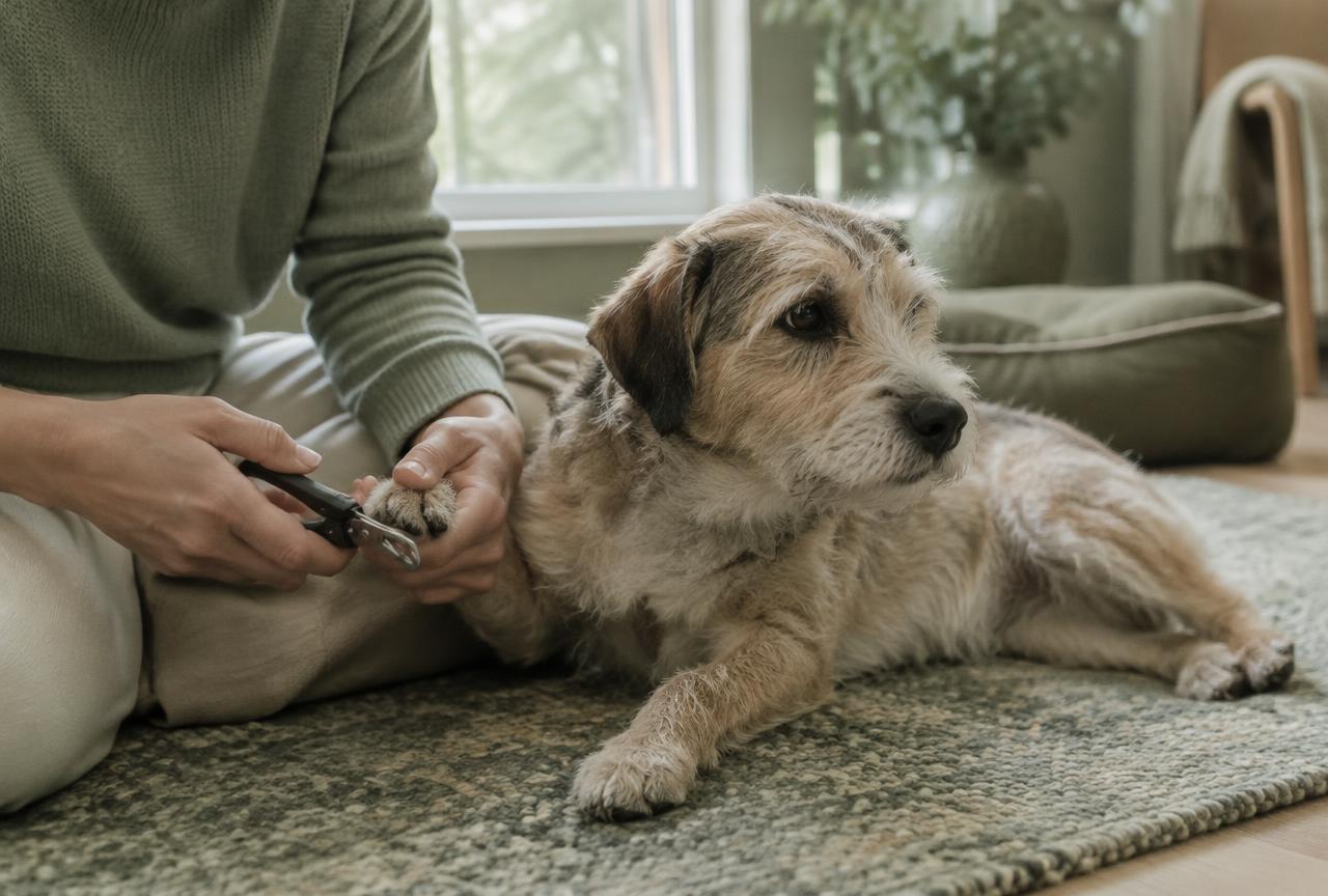 A person trimming a relaxed dog''s nails on a sofa with treats nearby
