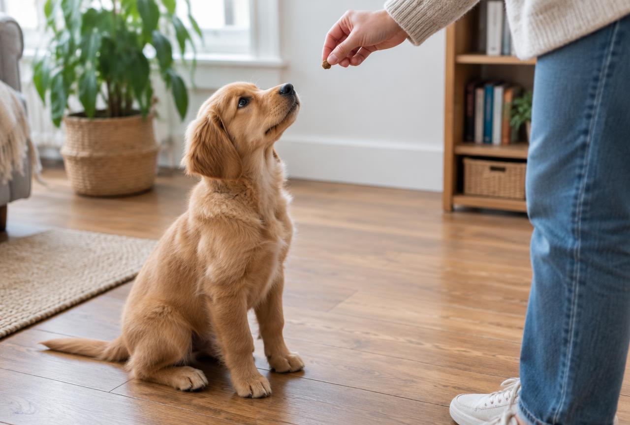 A golden puppy sitting on a wooden floor looking up at a treat in its owner's hand