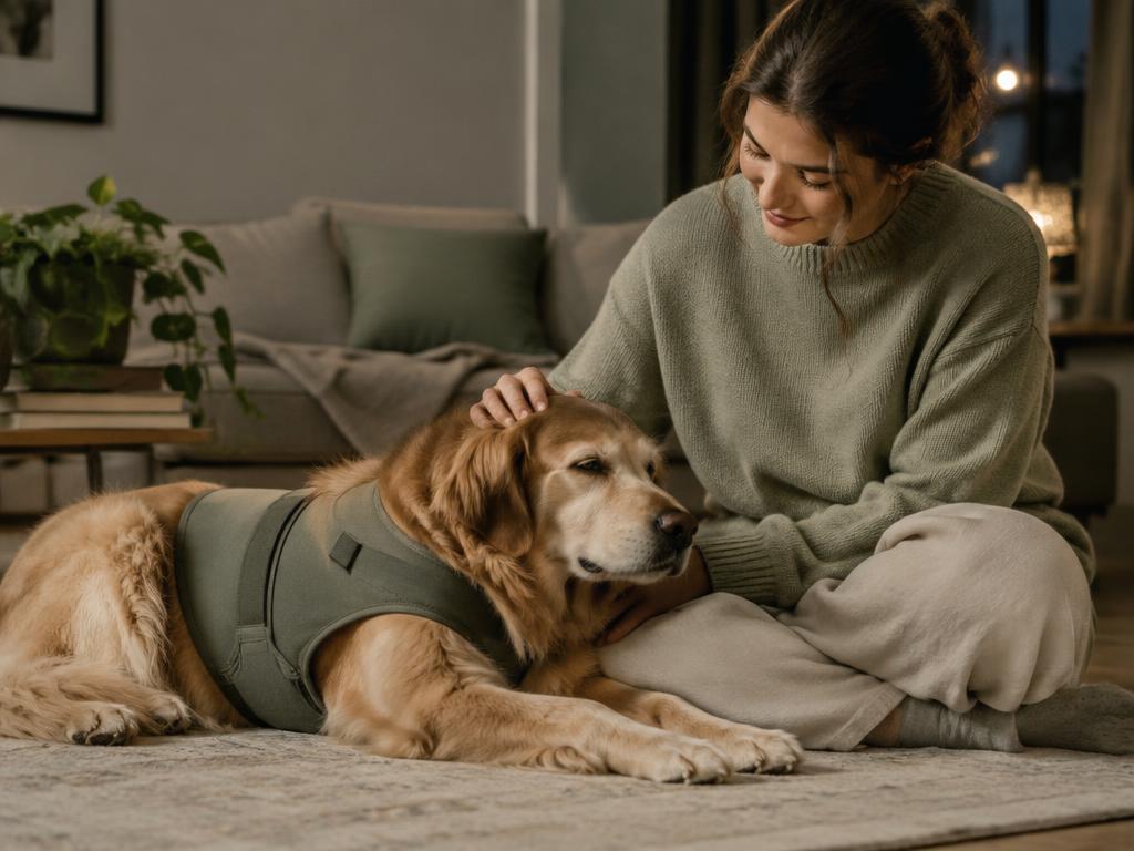 A person calmly stroking a dog wearing a calming wrap in soft evening light