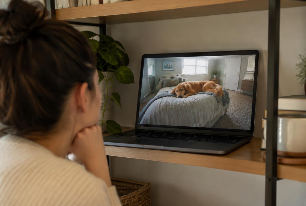 A woman watching a laptop on a shelf showing a golden retriever resting on a bed at home
