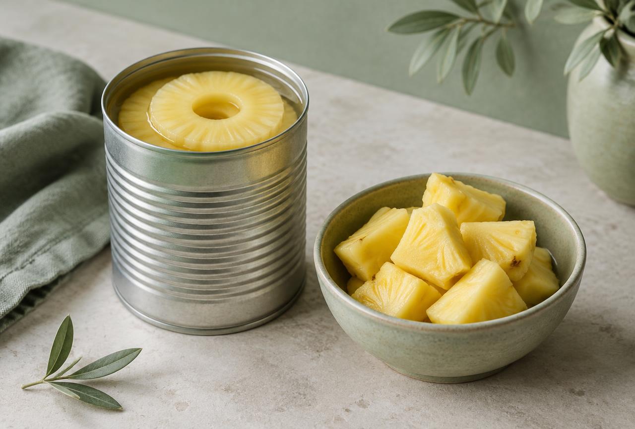 A tin of pineapple rings beside a small bowl of fresh pineapple pieces