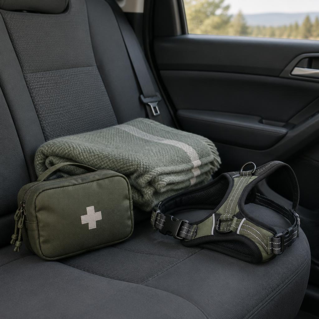 A first aid pouch, blanket and harness on a car seat