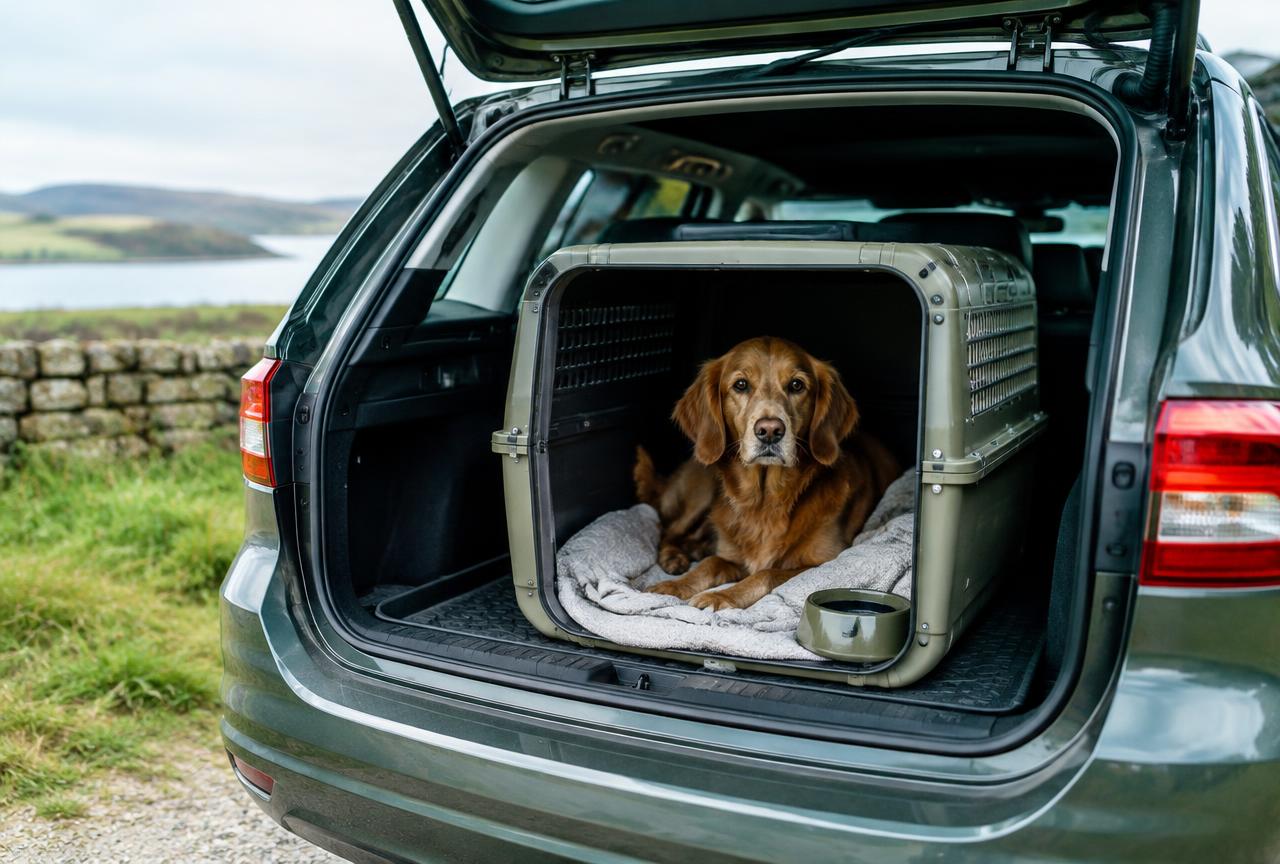 A dog travelling safely in a car crate