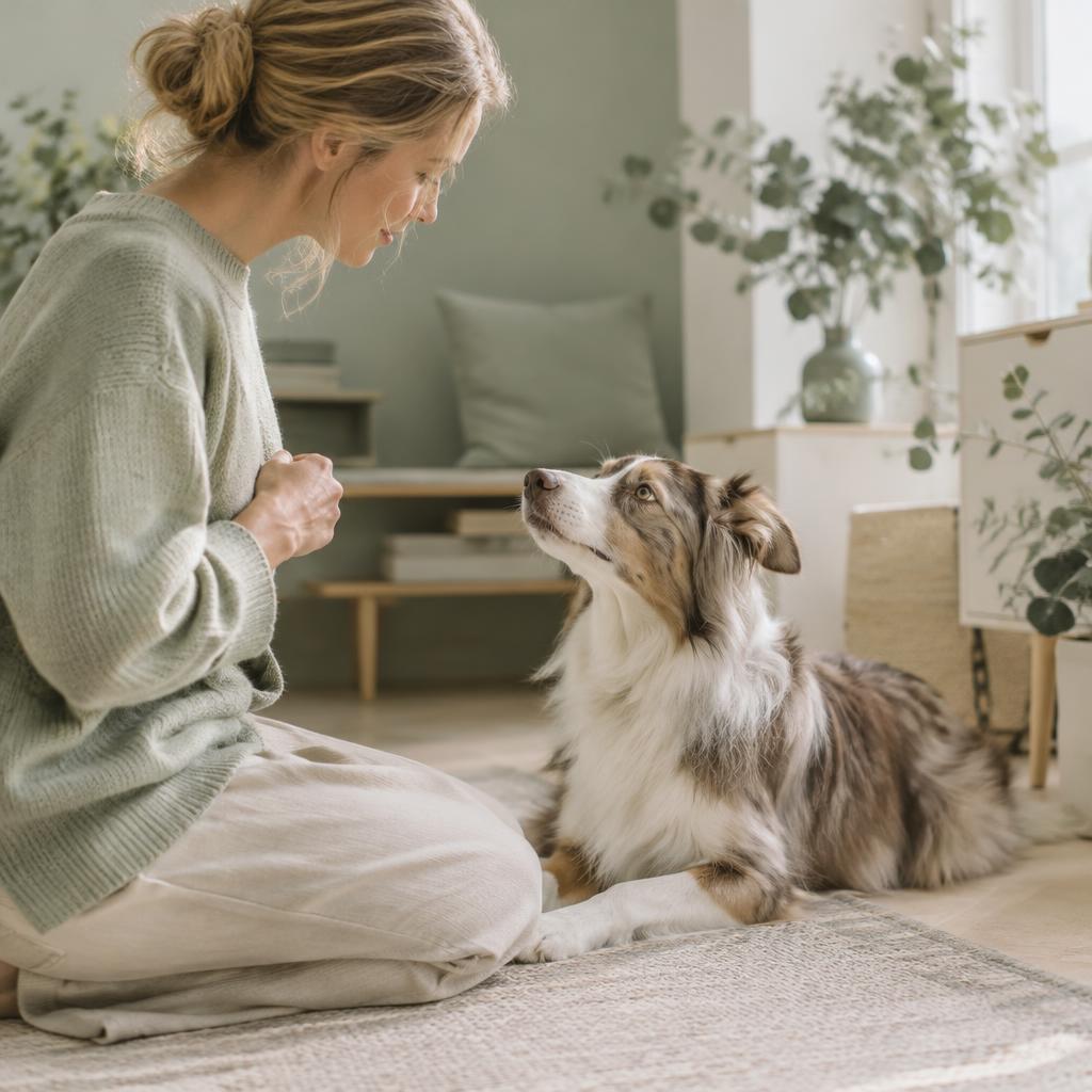 A dog checking in with its owner during training