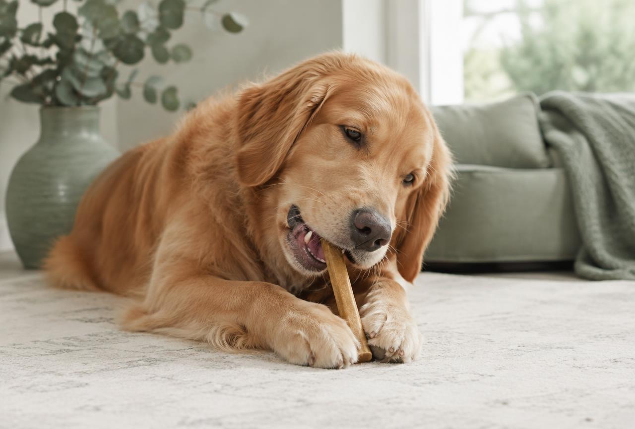 A dog chewing a dental chew stick on a pale rug