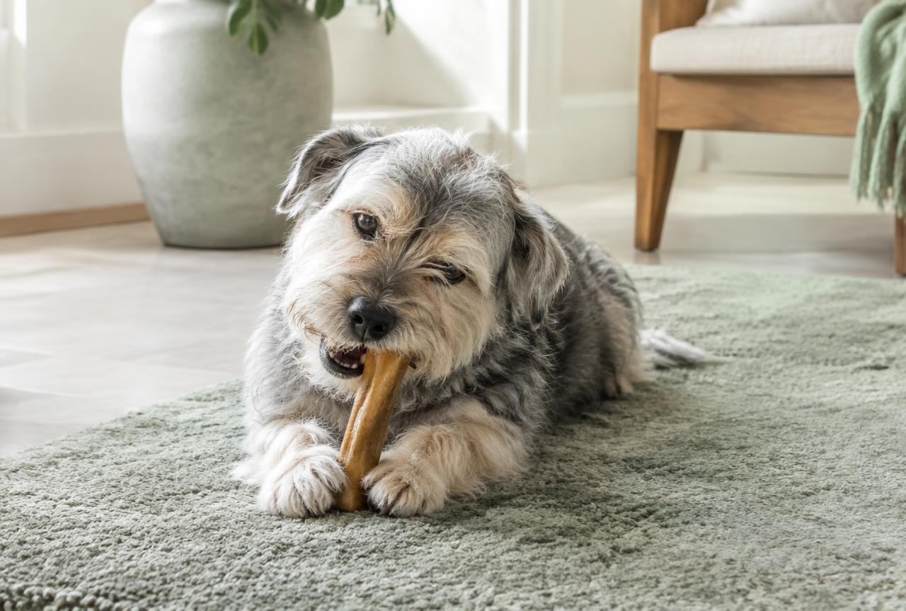 A small senior dog chewing a dental stick on a rug