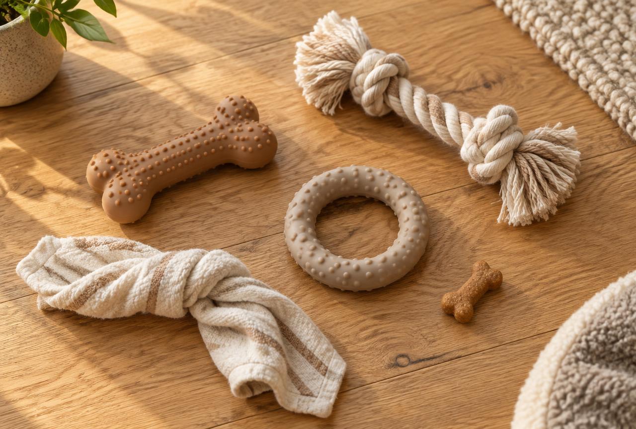 A flat lay of puppy teething items including a rubber bone, rope toy, rubber ring and twisted cloth on a wooden floor