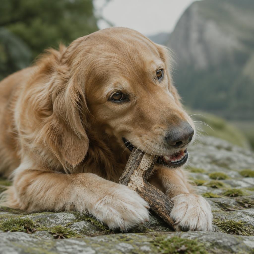 A dog lying down chewing a stick between its paws
